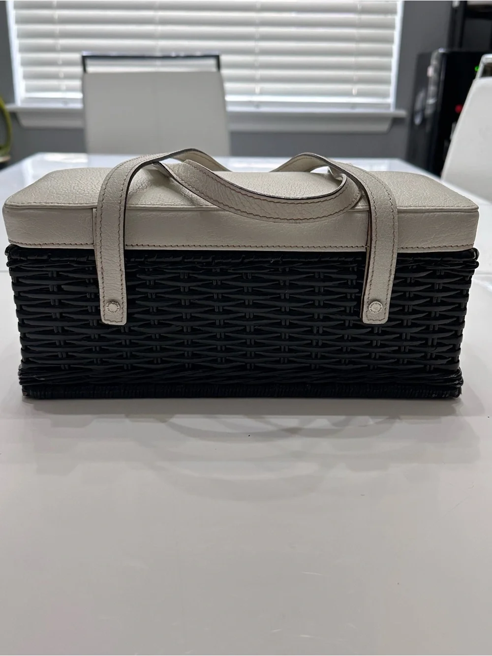 Vintage Kate Spade Black Wicker Basket Bag Top Handle Cream Leather Trim